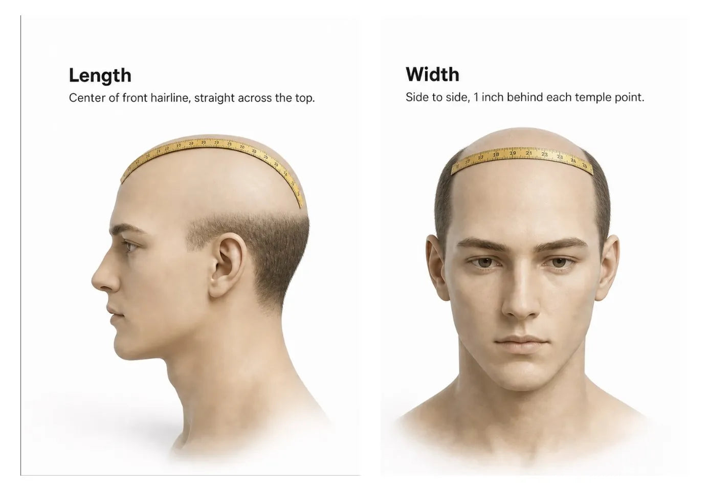 How to measure: length from the centre of the front hairline straight across the top; width side to side, one inch behind each temple point
